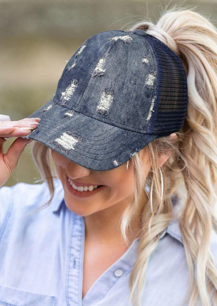 

Ripped Hole Distressed Hollow Out Ponytail Baseball Cap, Light blue, 508534