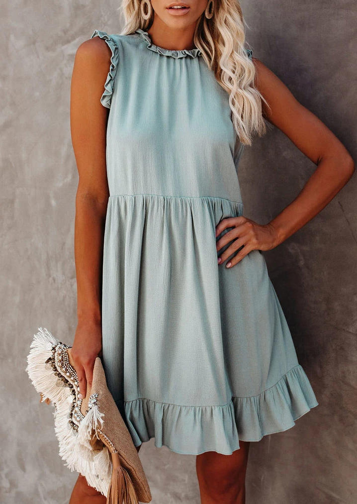 

Ruffled Hollow Out Button Mini Dress - Light Green, 507088