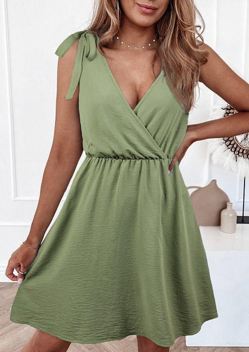 

Elastic Waist Tie V-Neck Mini Dress - Green, 507764