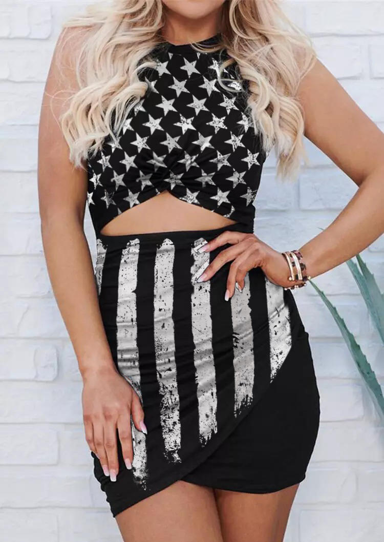 

American Flag Star Striped Hollow Out Bodycon Dress - Black, 508334