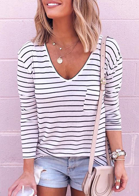 

Striped Pocket V-Neck T-Shirt Tee, Stripe, 508349