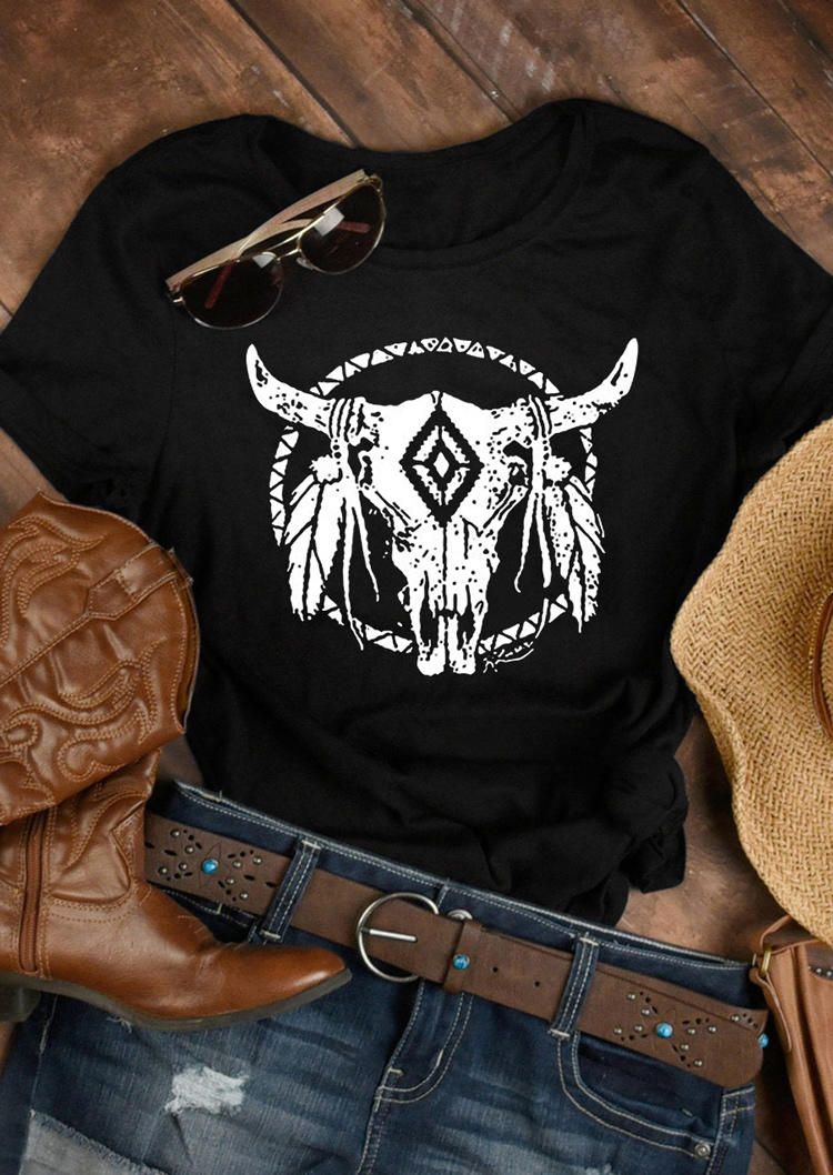 

Steer Skull Feather O-Neck T-Shirt Tee - Black, 508368