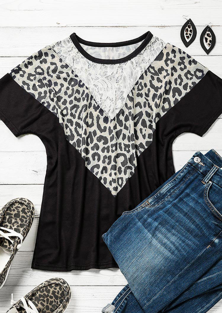 Leopard Lace Splicing Short Sleeve O-Neck Blouse