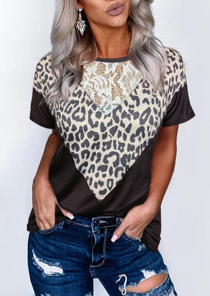 

Leopard Lace Splicing Short Sleeve O-Neck Blouse, 508508