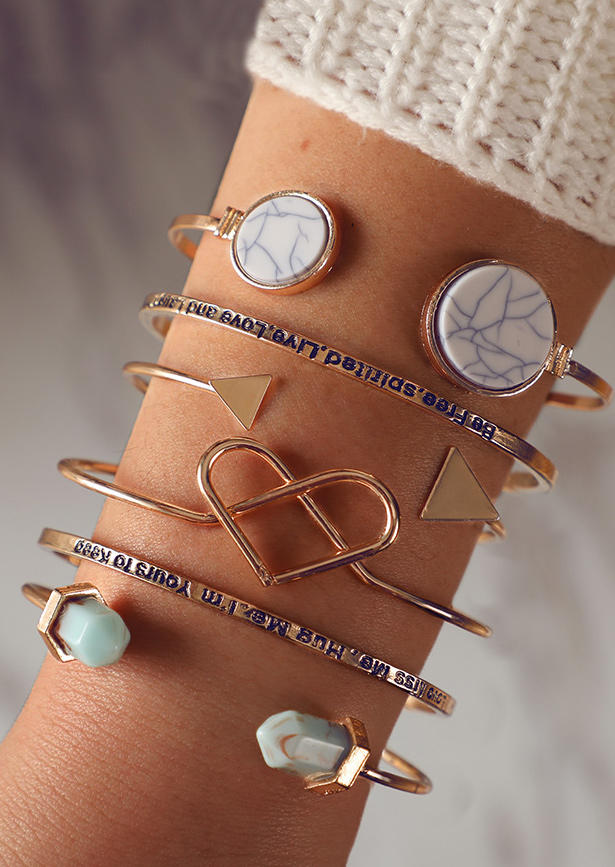 

6Pcs Turquoise Hollow Out Heart Geometric Bracelet Set, Gold, 508531