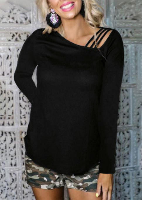 

Hollow Out Long Sleeve Casual Blouse - Black, 508544