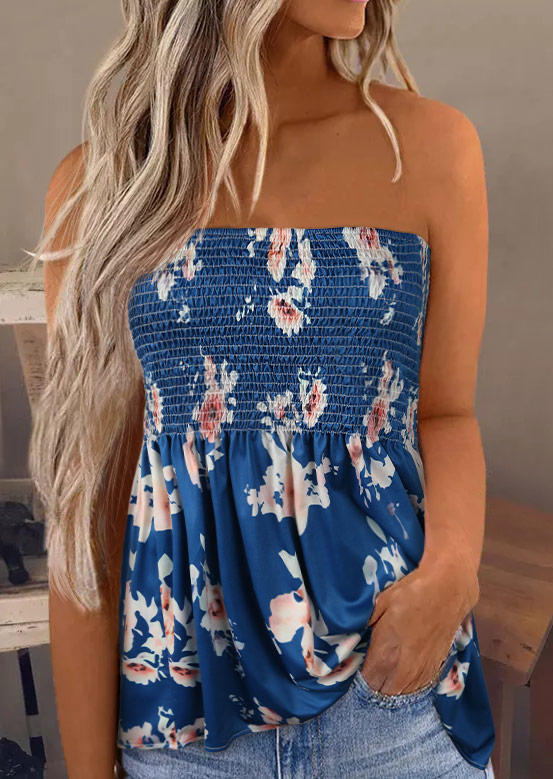 

Floral Smocked Strapless Casual Tank - Blue, 508568
