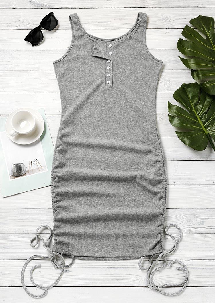 Button Drawstring Sleeveless Bodycon Dress - Light Grey