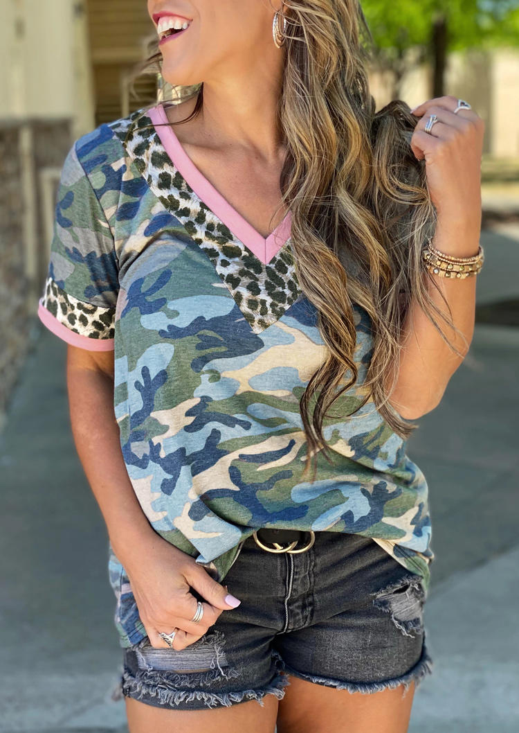 

Camouflage Leopard Splicing V-Neck Blouse, 508649