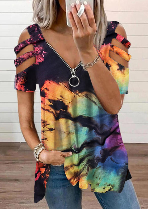 

Reverse Tie Dye Rainbow Cold Shoulder Zipper Collar Blouse, Multicolor, 508924