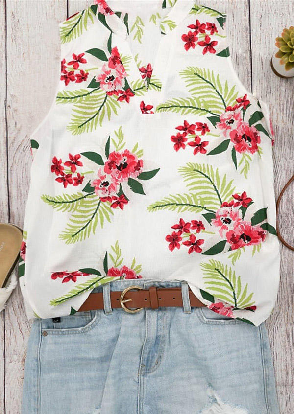 

Floral Sleeveless V-Neck Tank - White, 505857