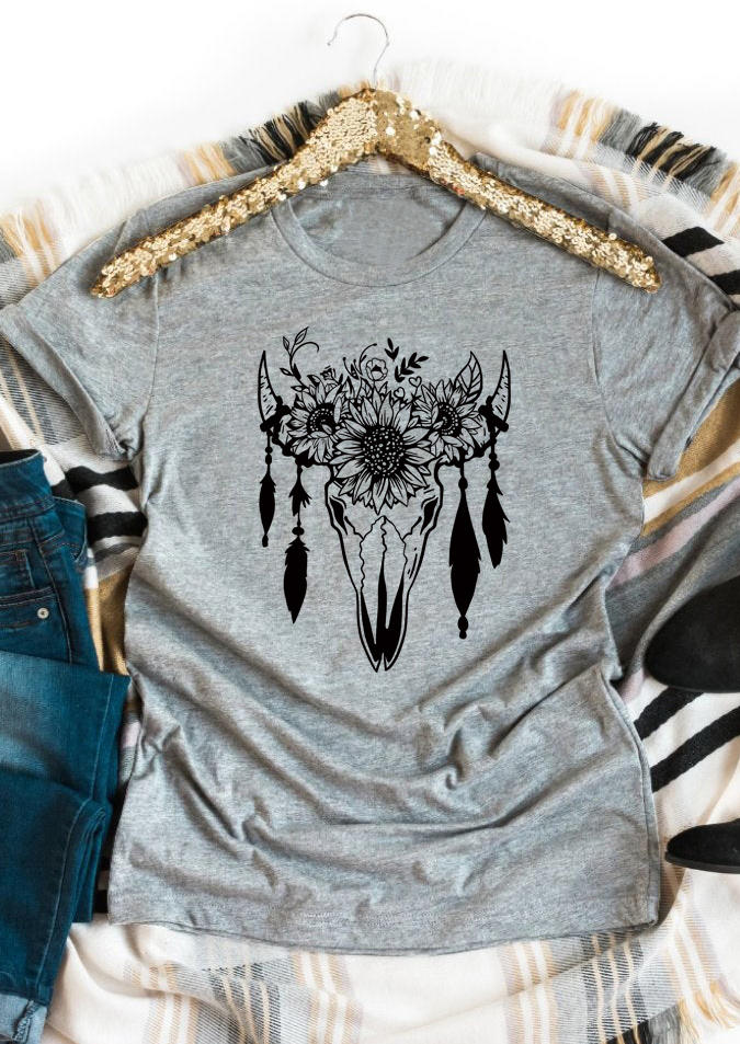 

Western Steer Skull Sunflower T-Shirt Tee - Gray, 508161
