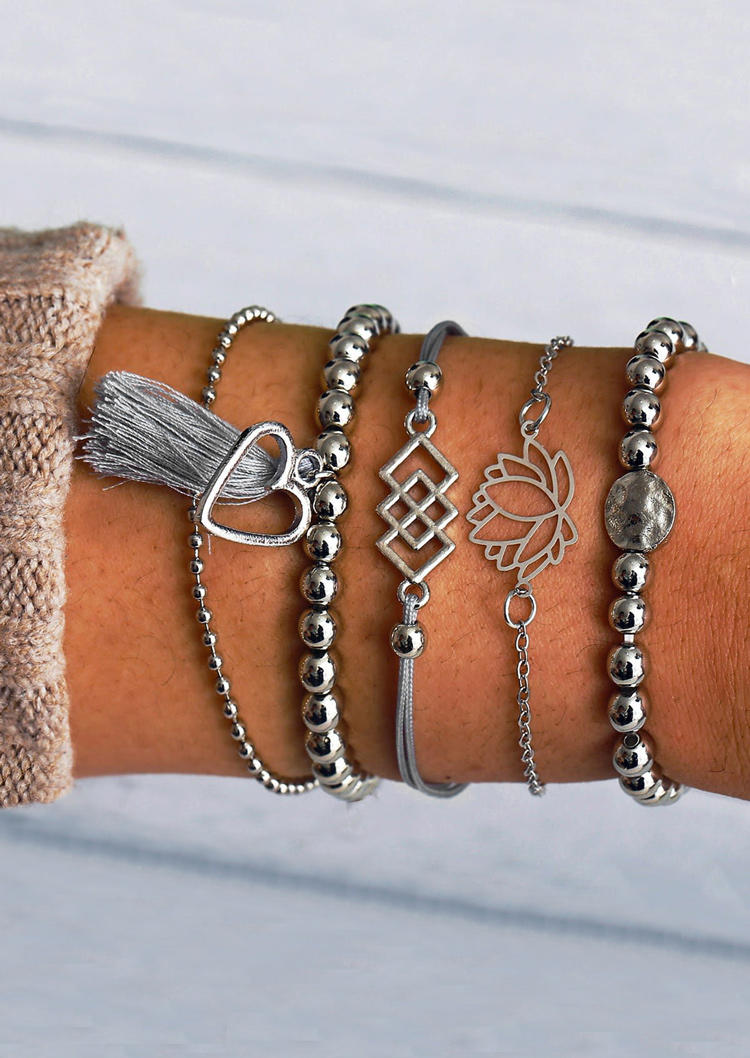 

5Pcs Hollow Out Heart Lotus Beading Tassel Bracelet Set, Silver, 508191