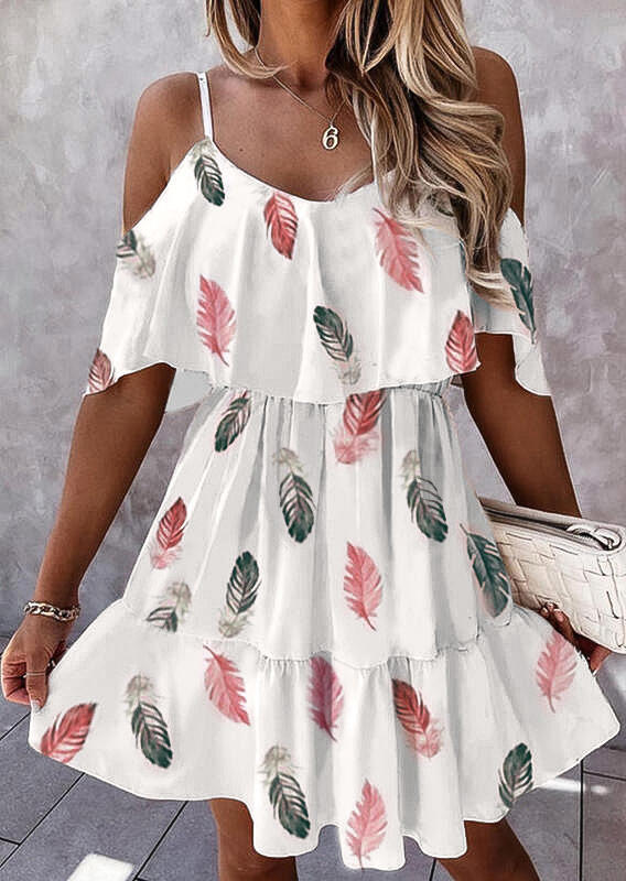 

Feather Ruffled Layered Cold Shoulder Mini Dress - White, 508275