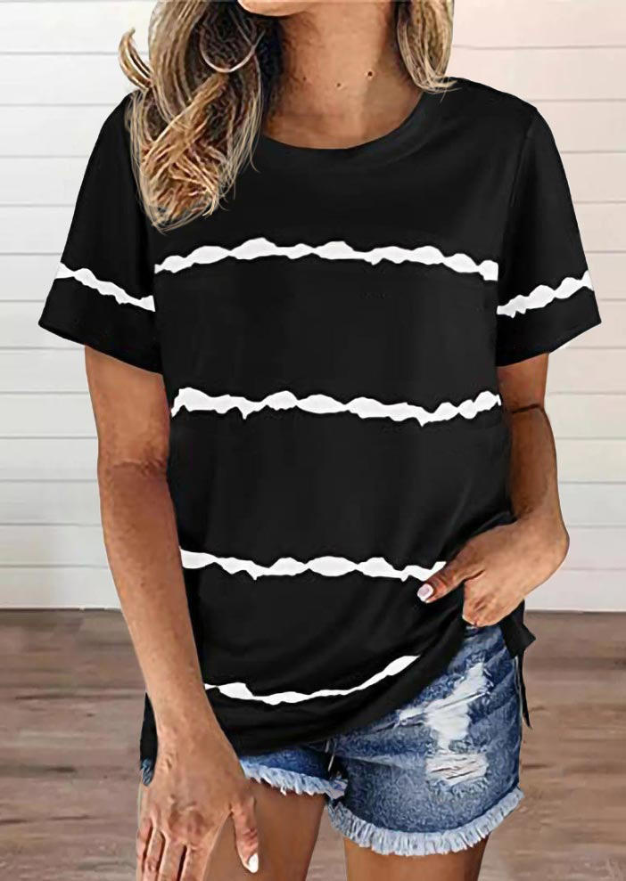 

Striped Tie Dye O-Neck Casual Blouse - Black, 508471