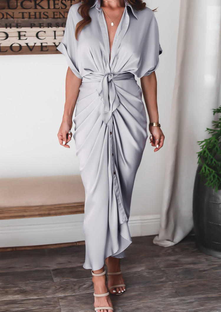 

Ruffled Button Tie Maxi Dress - Light Grey, 508538