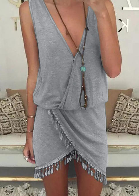 

Tassel Irregular Ruffled V-Neck Mini Dress - Gray, 508573