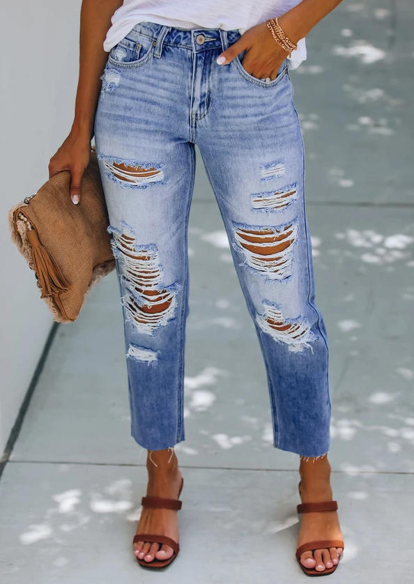 

Pocket Button Ripped Hole Distressed Denim Jeans - Blue, 508575