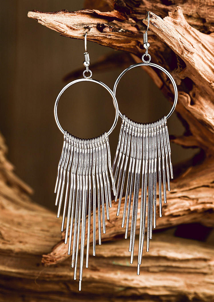 

Metal Tassel Hook Earrings, Silver, 508631