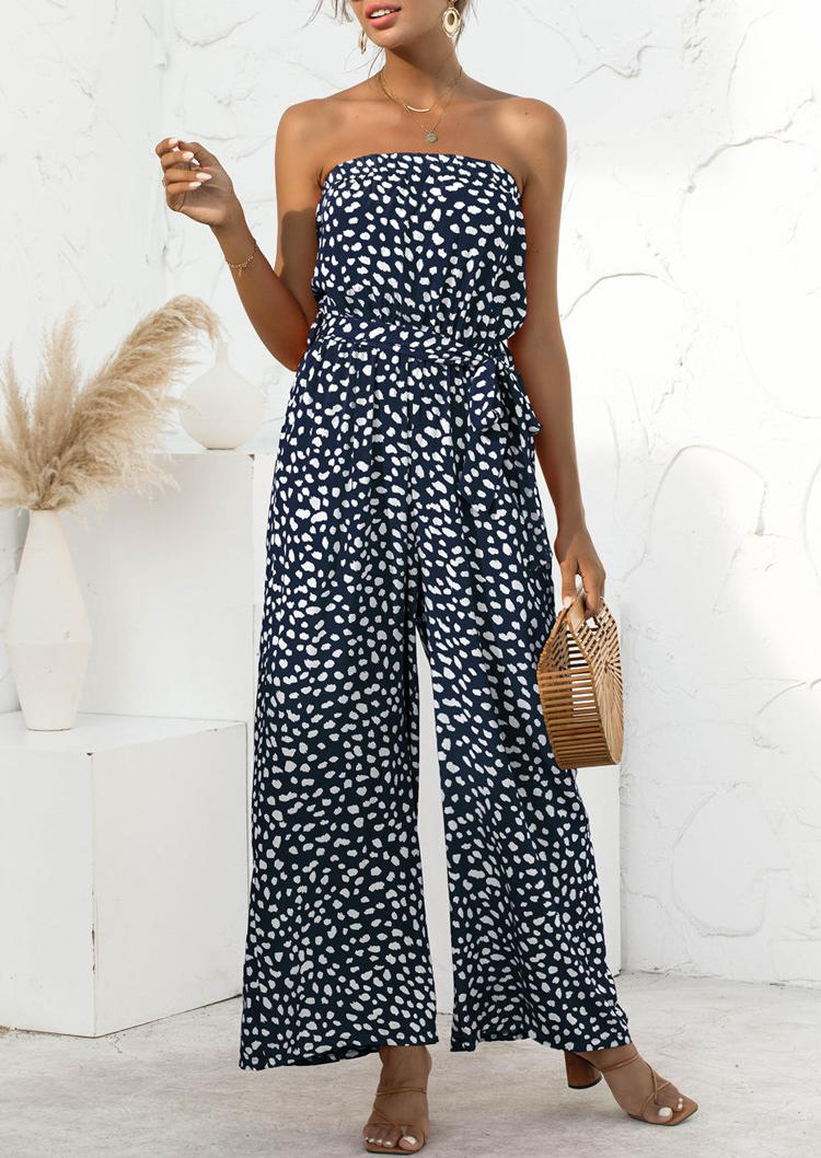 

Heart Pocket Elastic Waist Strapless Wide Leg Jumpsuit - Navy Blue, 508644
