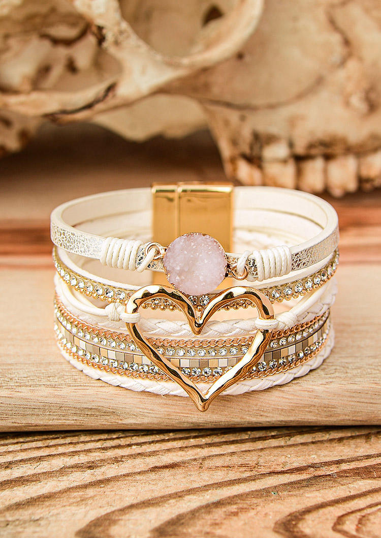 

Heart Rhinestone Leather Bracelet, White, 508674