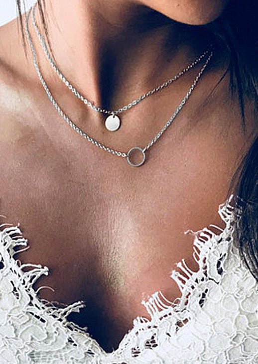 

Hollow Out Mini Disc Dual-Layered Necklace, Silver, 508678