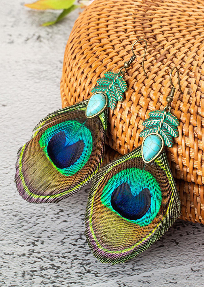 

Bohemian Turquoise Peacock Feather Earrings, Cyan, 508888