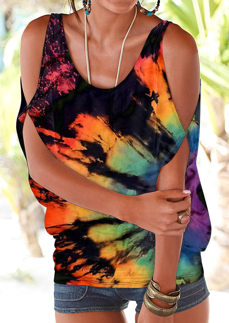 

Reverse Tie Dye Rainbow Hollow Out Tie Blouse, Multicolor, 508926