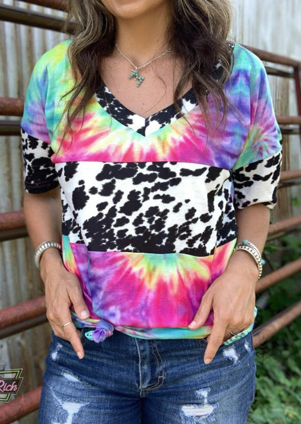 

Western Cow Tie Dye V-Neck Blouse, Multicolor, 508370
