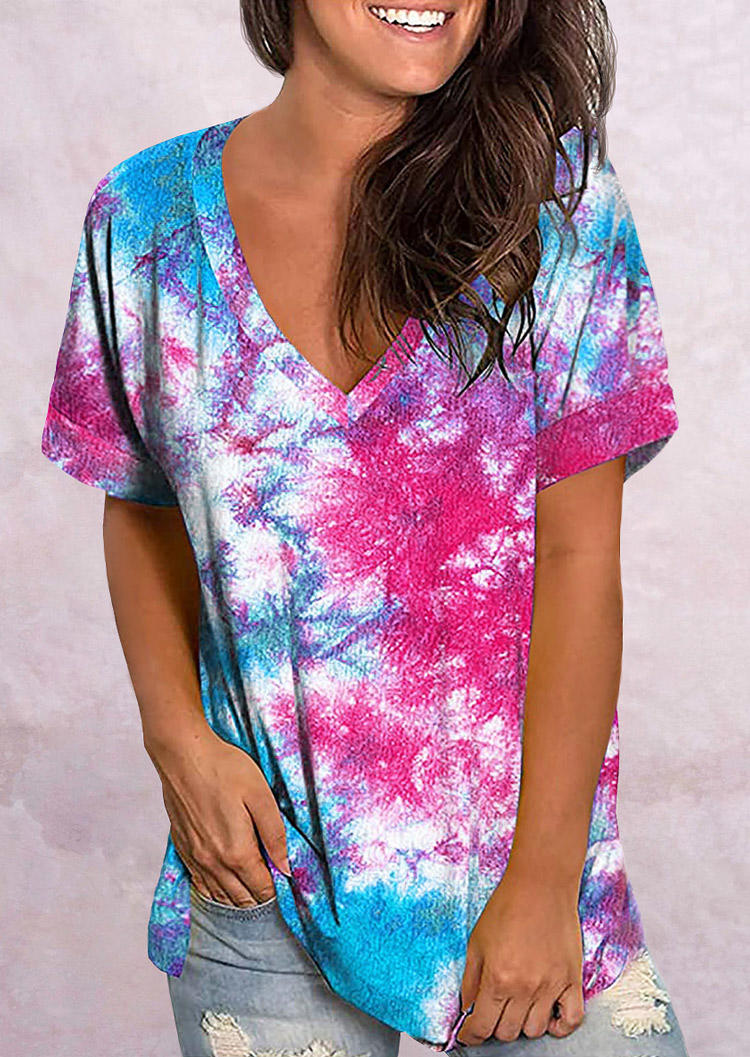 

Tie Dye V-Neck Short Sleeve Blouse, Multicolor, 508636