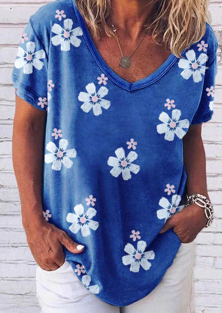 

Floral V-Neck T-Shirt Tee - Blue, 508651