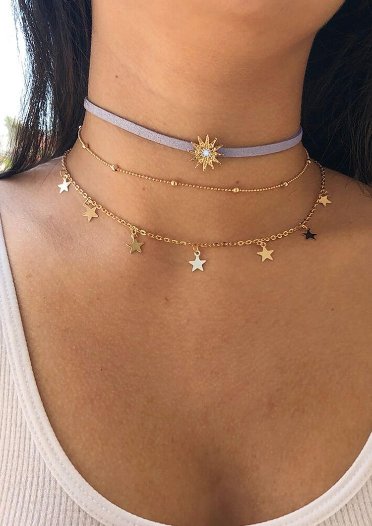 

3Pcs Crystal Beading Star Necklace, Gold, 508682