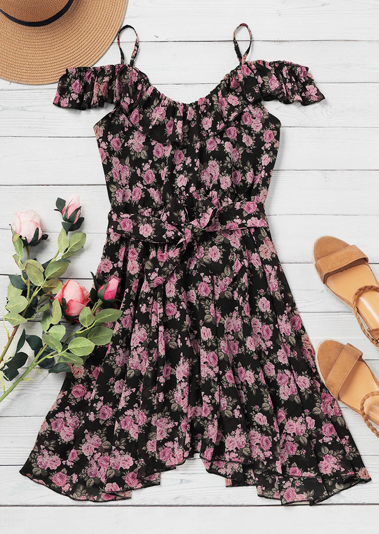 Floral Ruffled Cold Shoulder Mini Dress with Belt