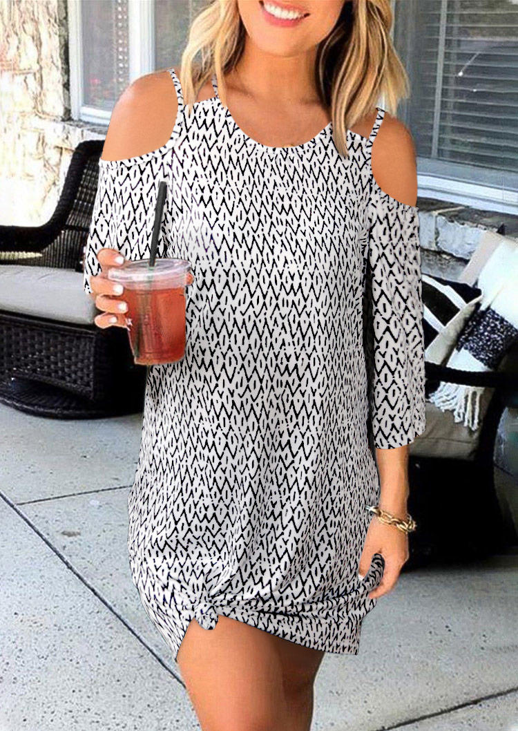 

Geometric Cold Shoulder Mini Dress - White, 508904