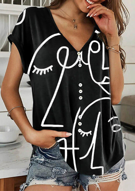 

Abstract Painting Button V-Neck Casual Blouse - Black, 508911
