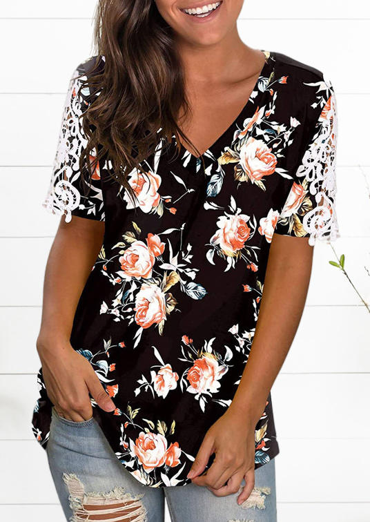 Floral Hollow Out Lace Splicing Blouse - Black, 508916