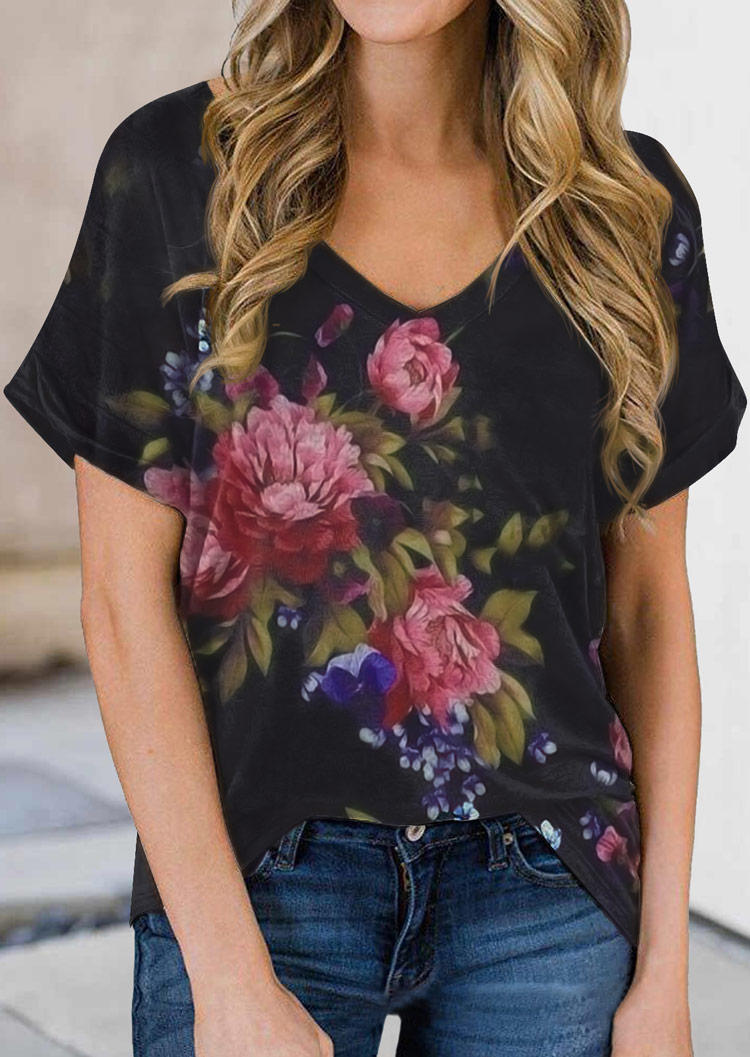 

Floral V-Neck T-Shirt Tee - Dark Grey, 508931