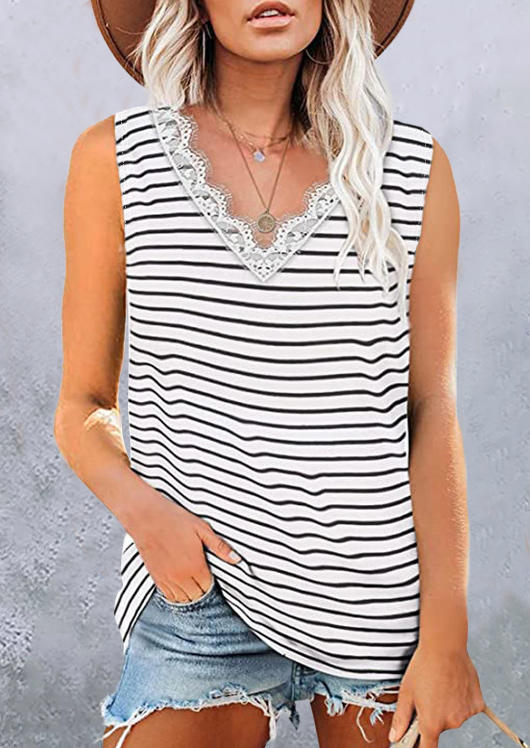 

Striped Lace Splicing V-Neck Tank, Stripe, 508946