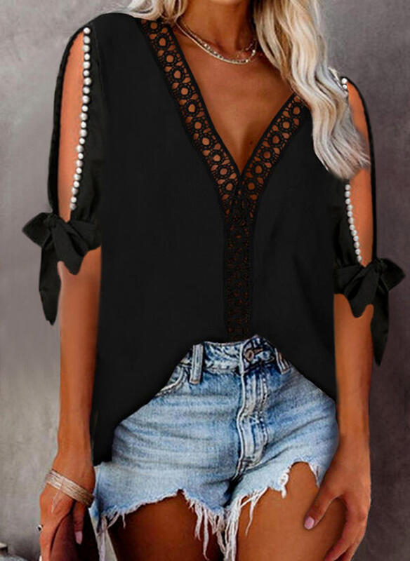 

Lace Tie Cold Shoulder V-Neck Blouse - Black, 508957