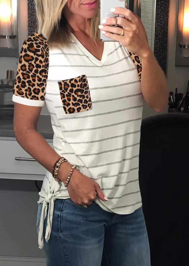 

Striped Tie Leopard Pocket V-Neck Blouse - White, 508983