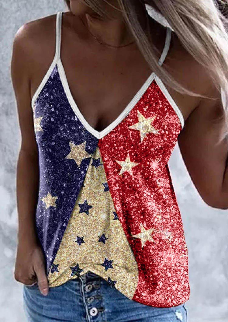 

Color Block American Star V-Neck Strap Camisole, Multicolor, 509038