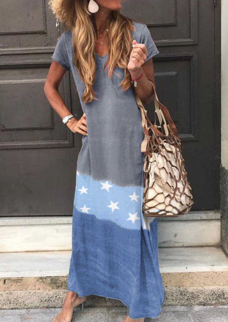 

Color Block Star Loose Maxi Dress - Blue, 509054