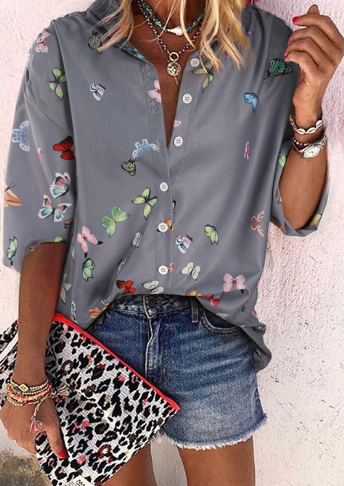 

Colorful Butterfly Button Turn-Down Collar Shirt - Gray, 504841