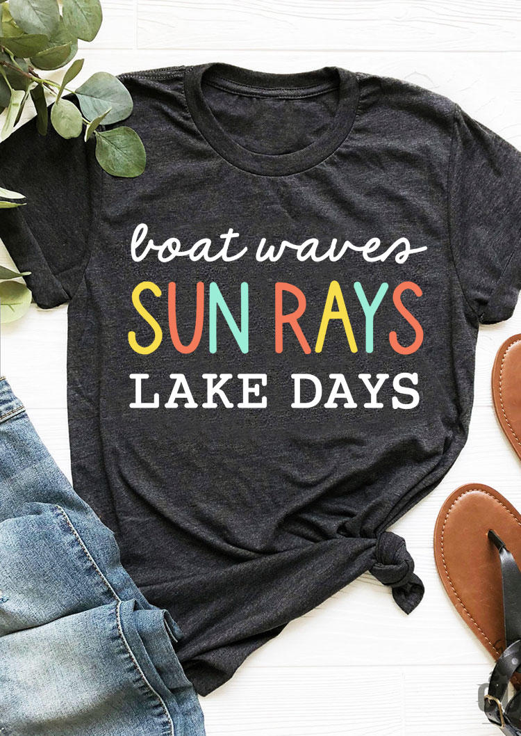 

Boat Waves Sun Rays Lake Days T-Shirt Tee - Dark Grey, 508375