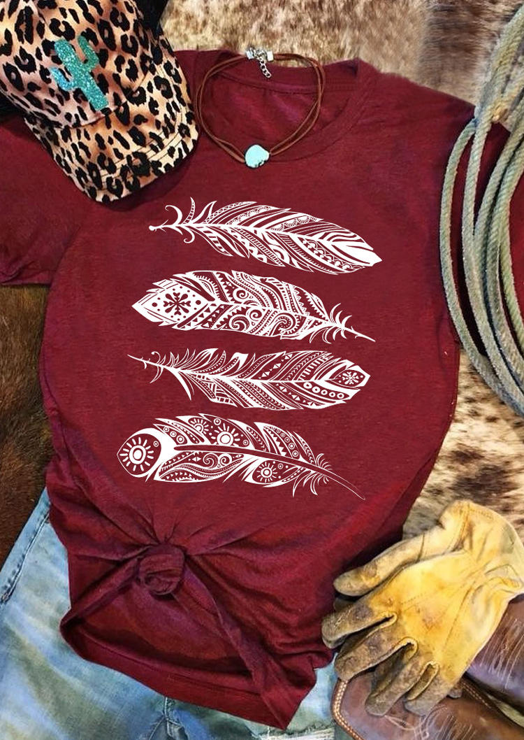 

Feather Short Sleeve O-Neck T-Shirt Tee - Burgundy, 508501