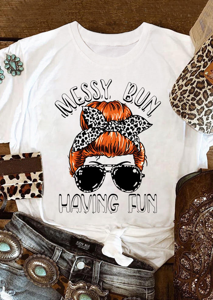 

Messy Bun Having Fun Skull Girl Leopard T-Shirt Tee - White, 508578