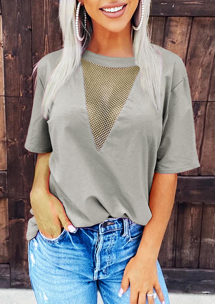 

Hollow Out See-Through Short Sleeve Blouse - Gray, 508632