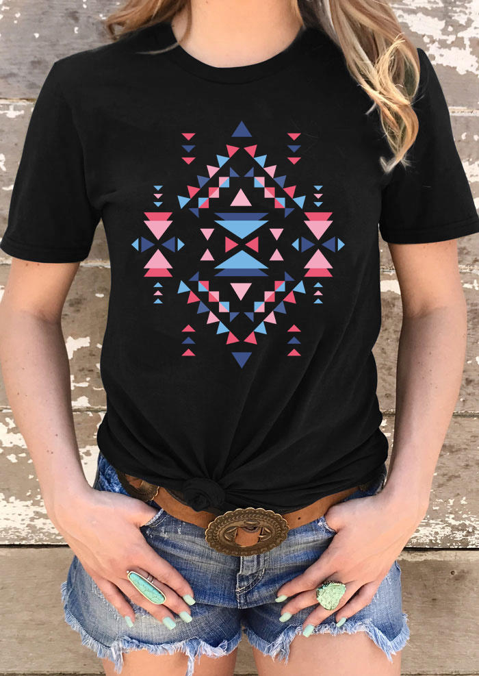 

Aztec Geometric O-Neck T-Shirt Tee - Black, 508856