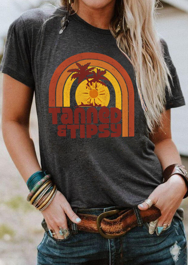 

Tanned & Tipsy Palm Tree O-Neck T-Shirt Tee - Dark Grey, 508883