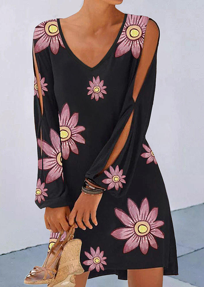 

Floral Hollow Out Elastic Cuff Mini Dress - Black, 508913
